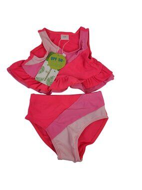 Younger Tree Toddler Girls 2-Piece Swimsuit Ruffle Top UPF 50+ Pink Size 2-3T